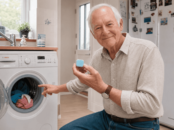 Multi-enzyme washing machine tablet dropped into an empty drum