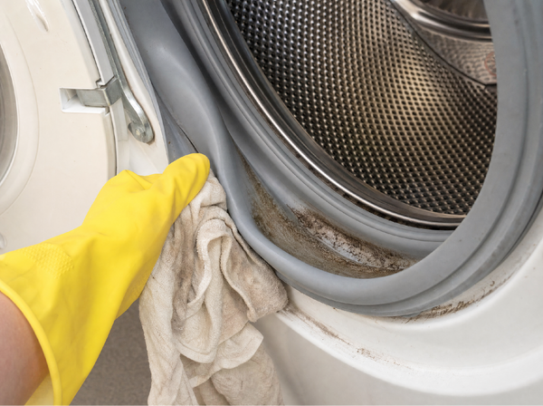 Hand pulling back the rubber door seal of a washing machine