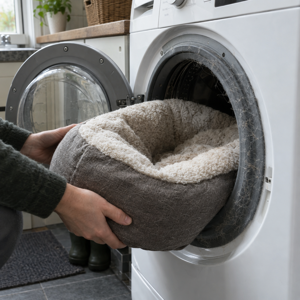Dog bed going into a washing machine with hair on the door seal