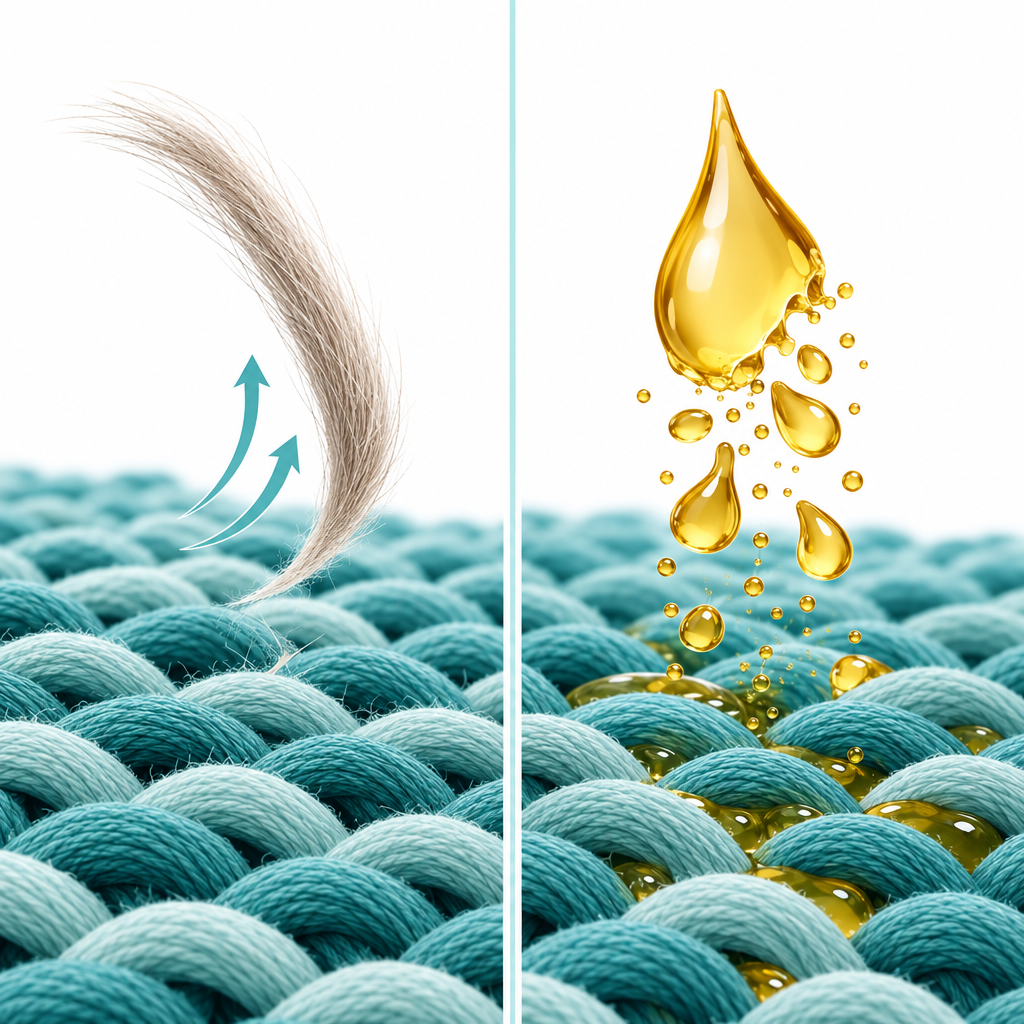 Pet hair lifting from fabric and oil breaking apart