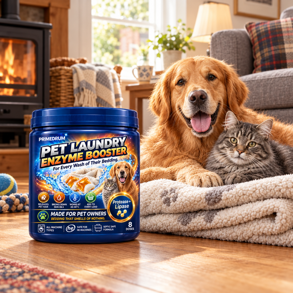 PrimeDrum Pet Laundry Enzyme Booster beside a dog and cat on a clean blanket