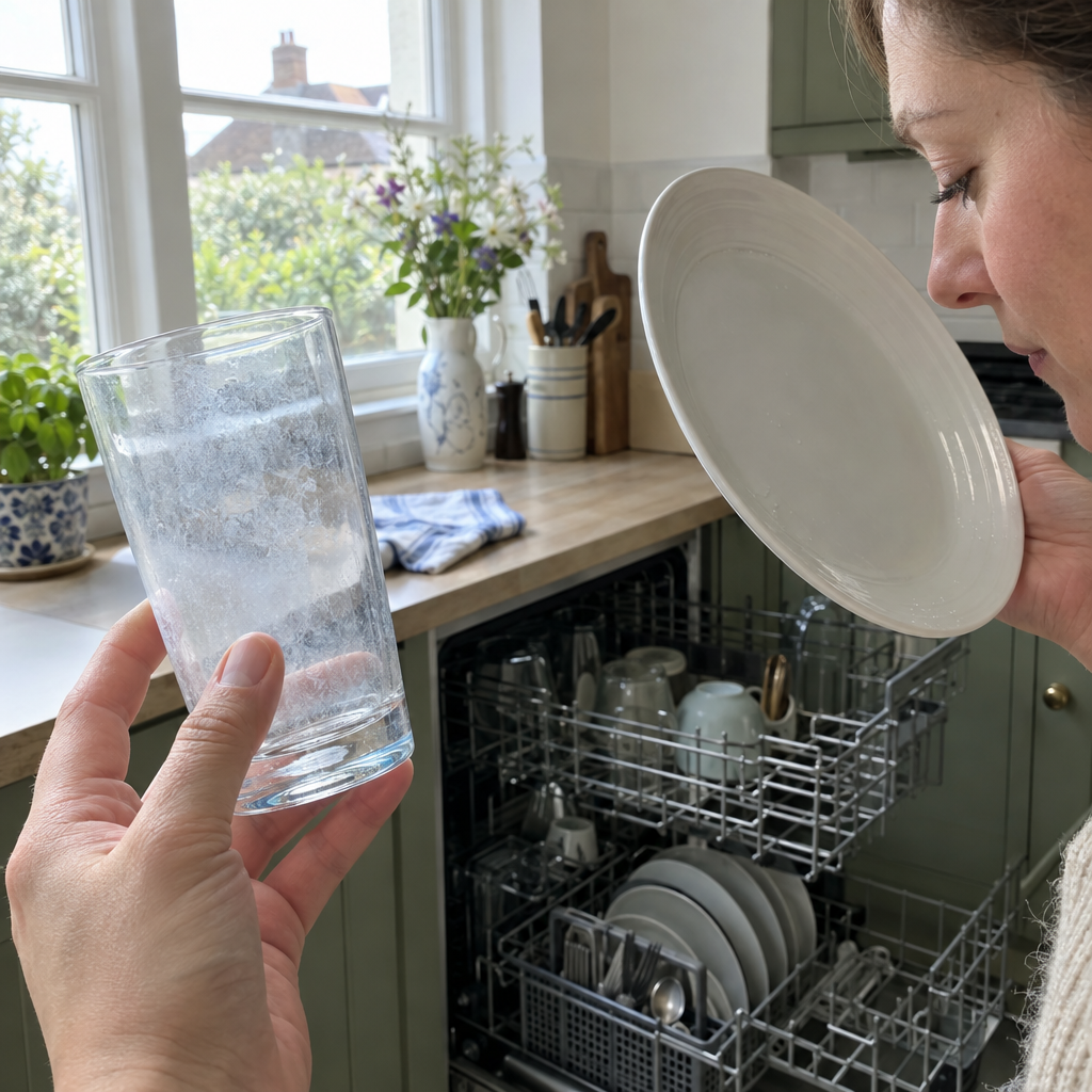 Checking a cloudy glass and smelling a plate from the dishwasher