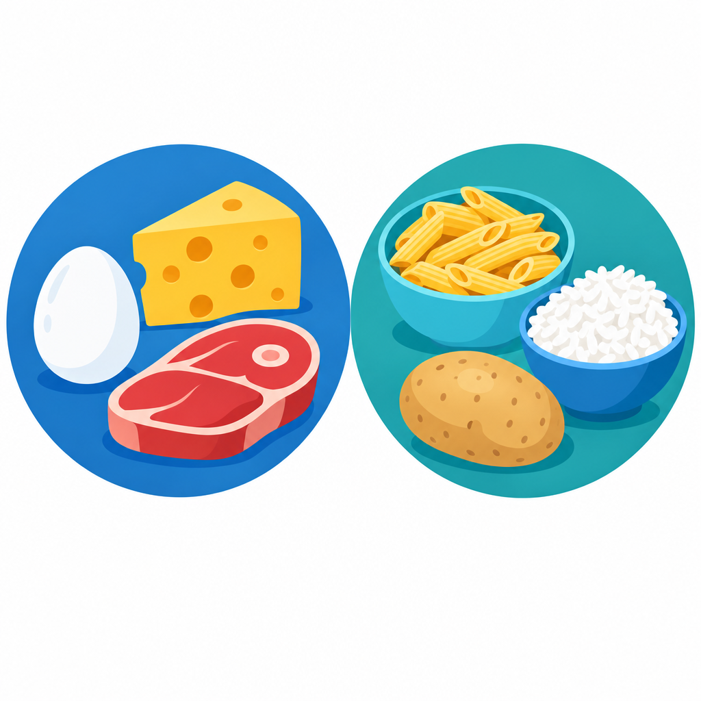 Egg, cheese and meat alongside pasta, rice and potato