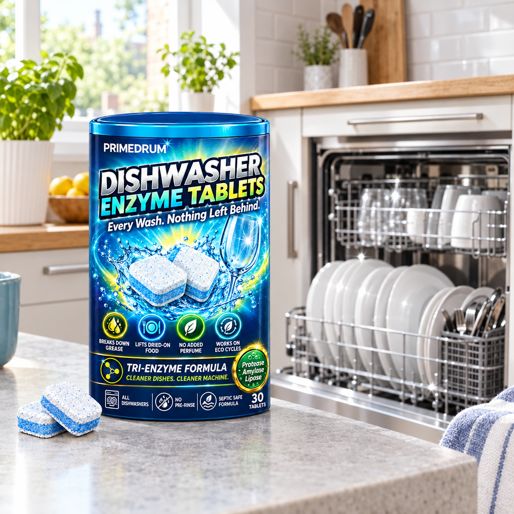 PrimeDrum Enzyme Dishwasher Tablets beside an open dishwasher