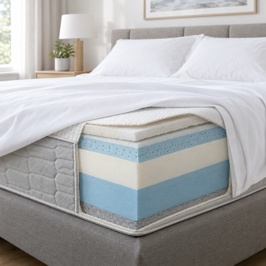 Cutaway of a mattress under clean sheets