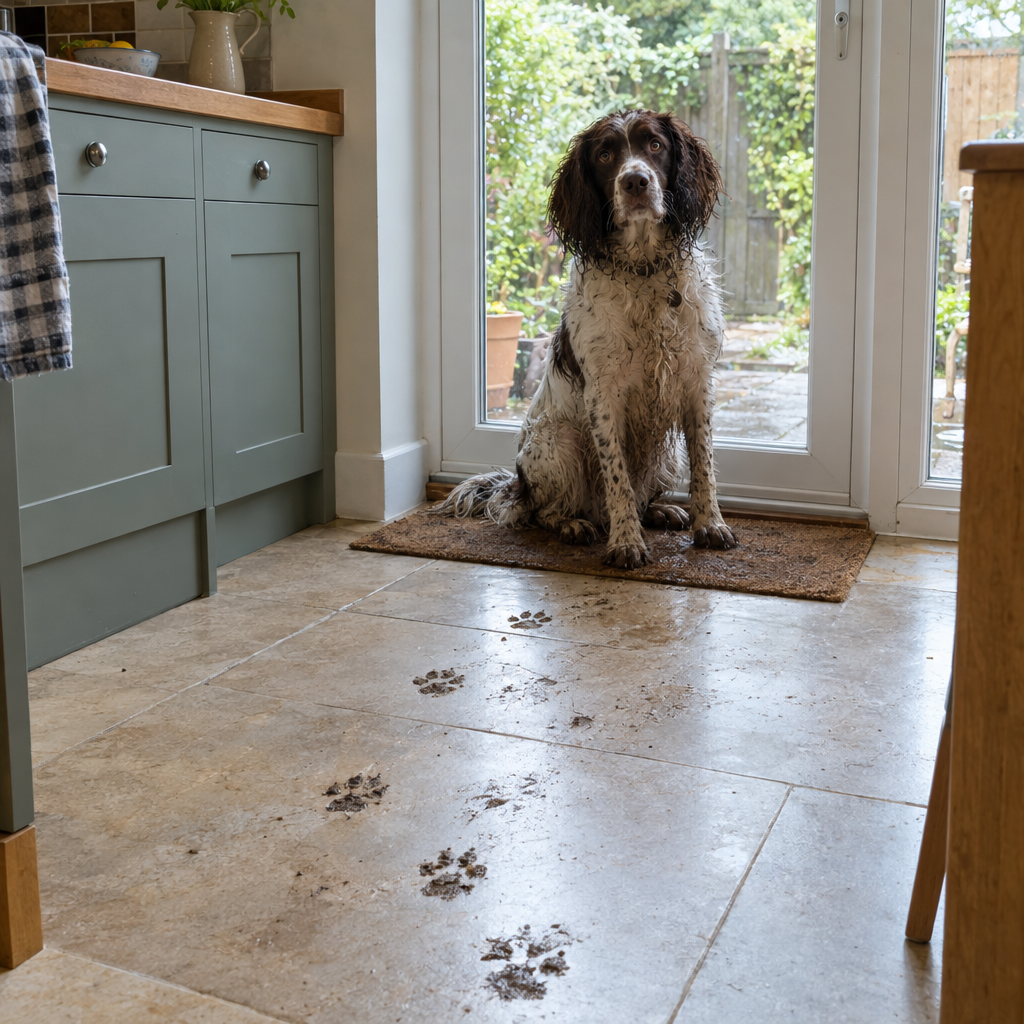 Muddy paw prints on a kitchen floor and a wet dog on the mat