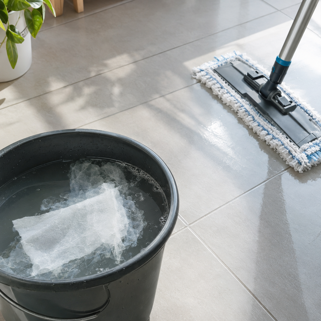 Sheet dissolving in a bucket with a mop on clean tiles