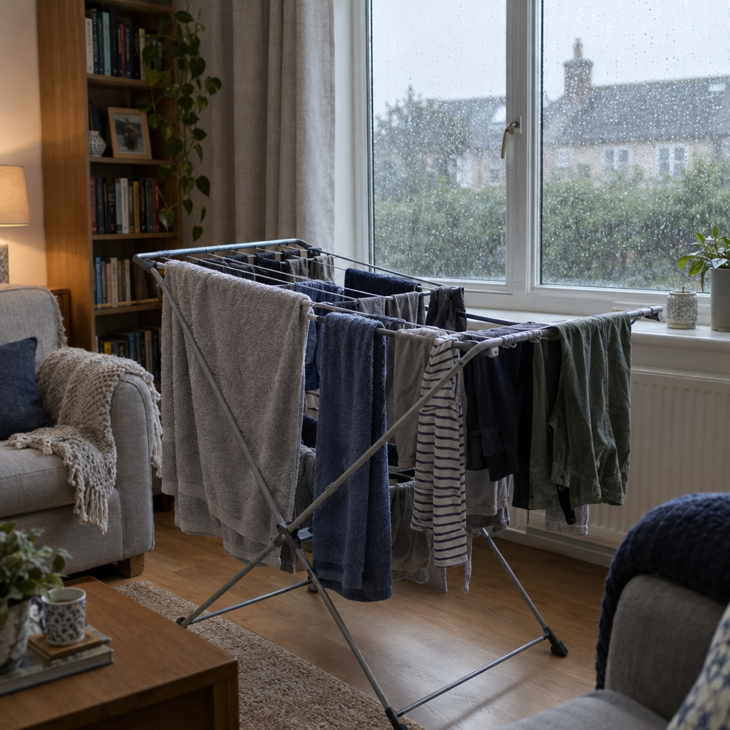 Washing drying indoors on an airer on a rainy day