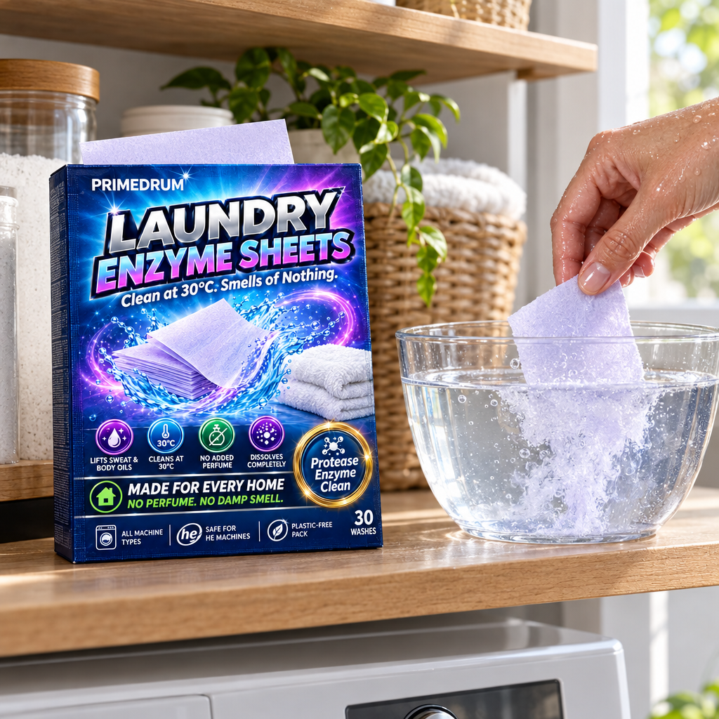PrimeDrum Enzyme Laundry Sheets with a sheet dissolving in water