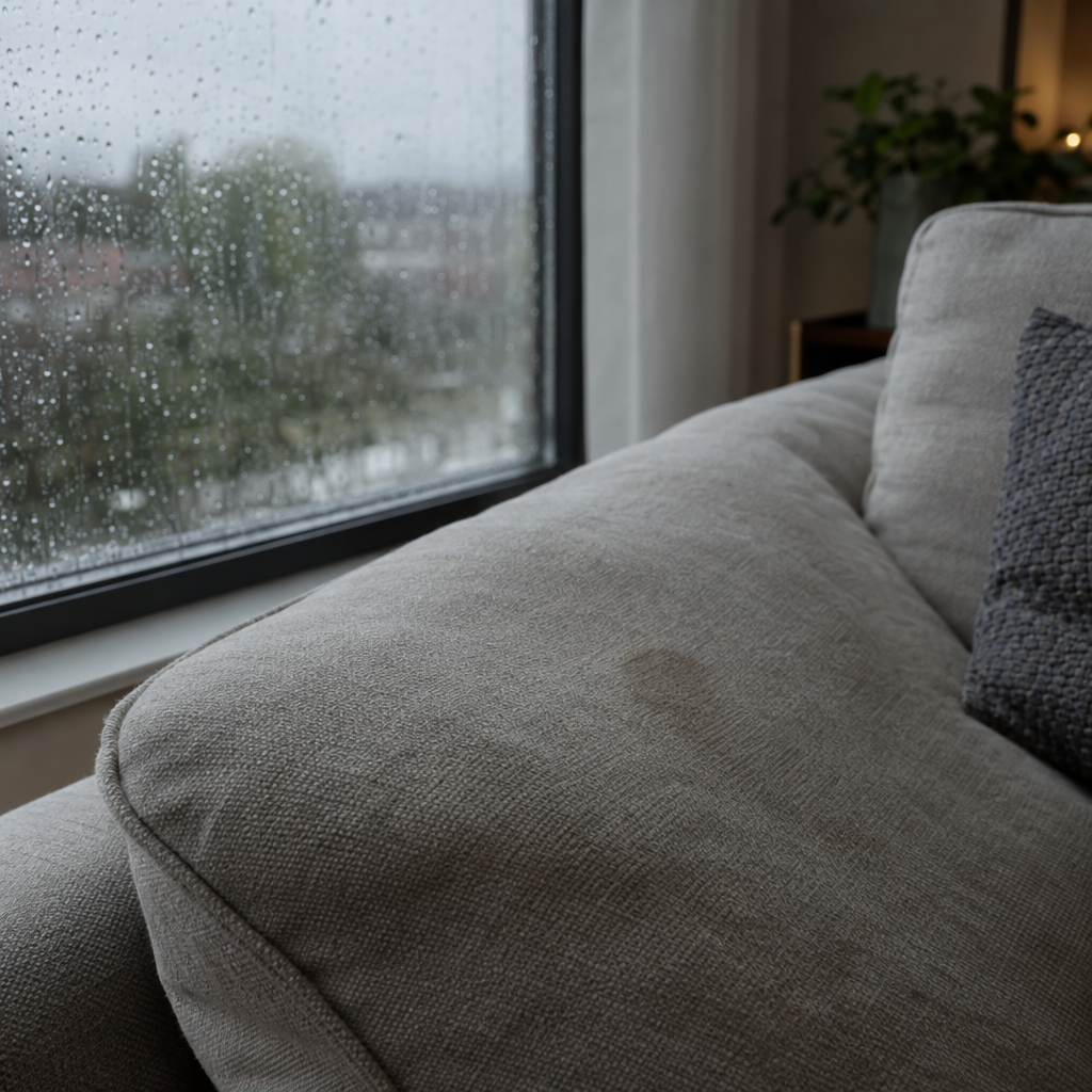 Faint dried stain on a sofa cushion on a rainy day