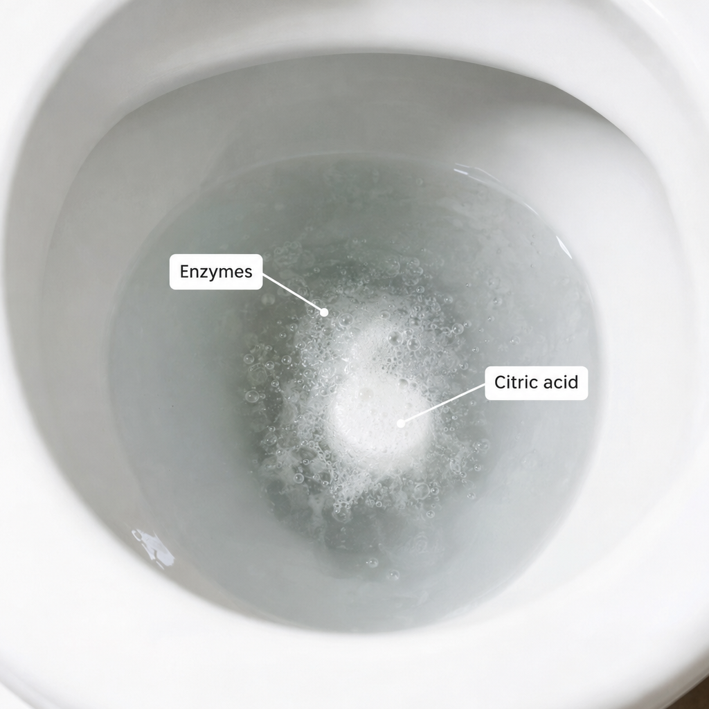 Tablet dissolving in the toilet bowl, enzymes and citric acid