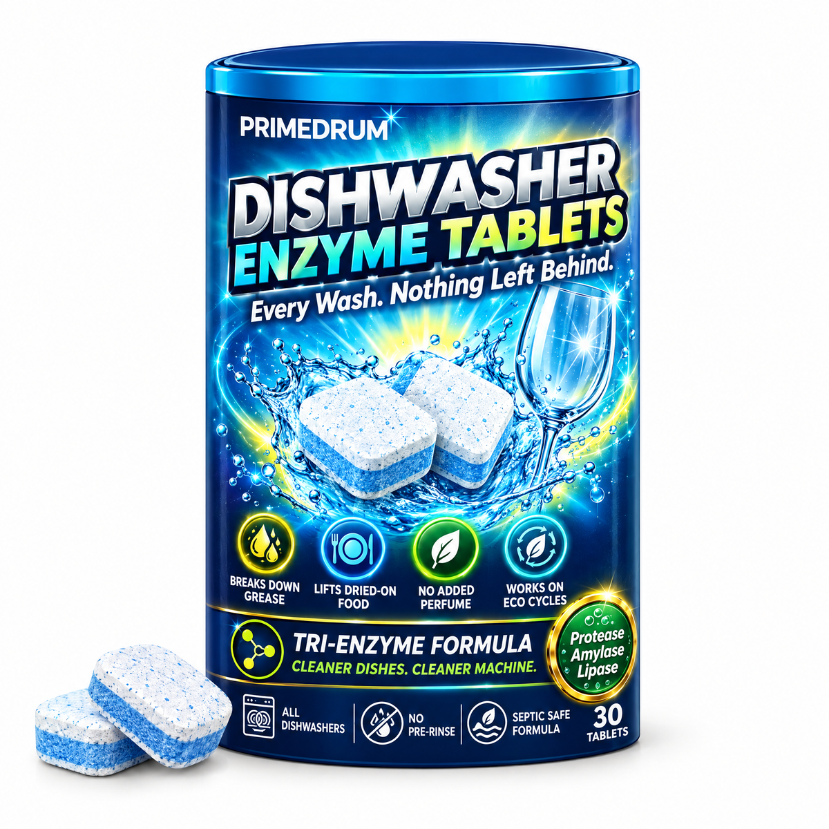 PrimeDrum Enzyme Dishwasher Tablets box